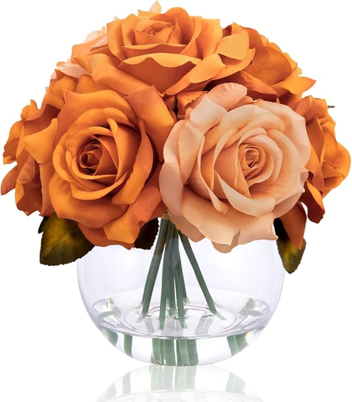 Artificial Flowers Arrangements in Vase with Faux Water, Artificial Orange Champagne Silk Rose Bouquet with Vase for Winter Spring Seasonal Home Wedding Party Centerpieces Decor & Mom's Gift